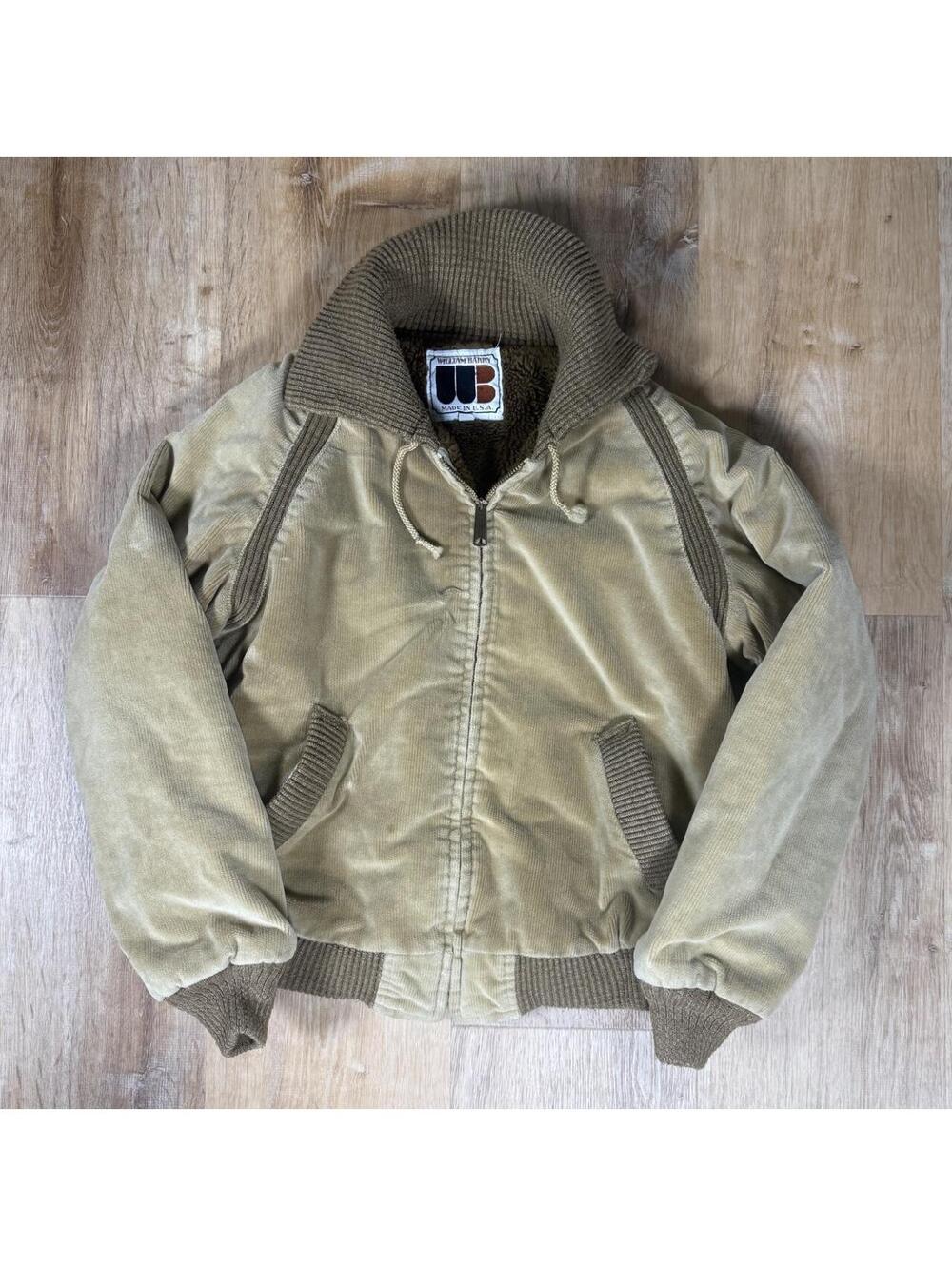 80s tan corduroy bomber jacket with brown accents.